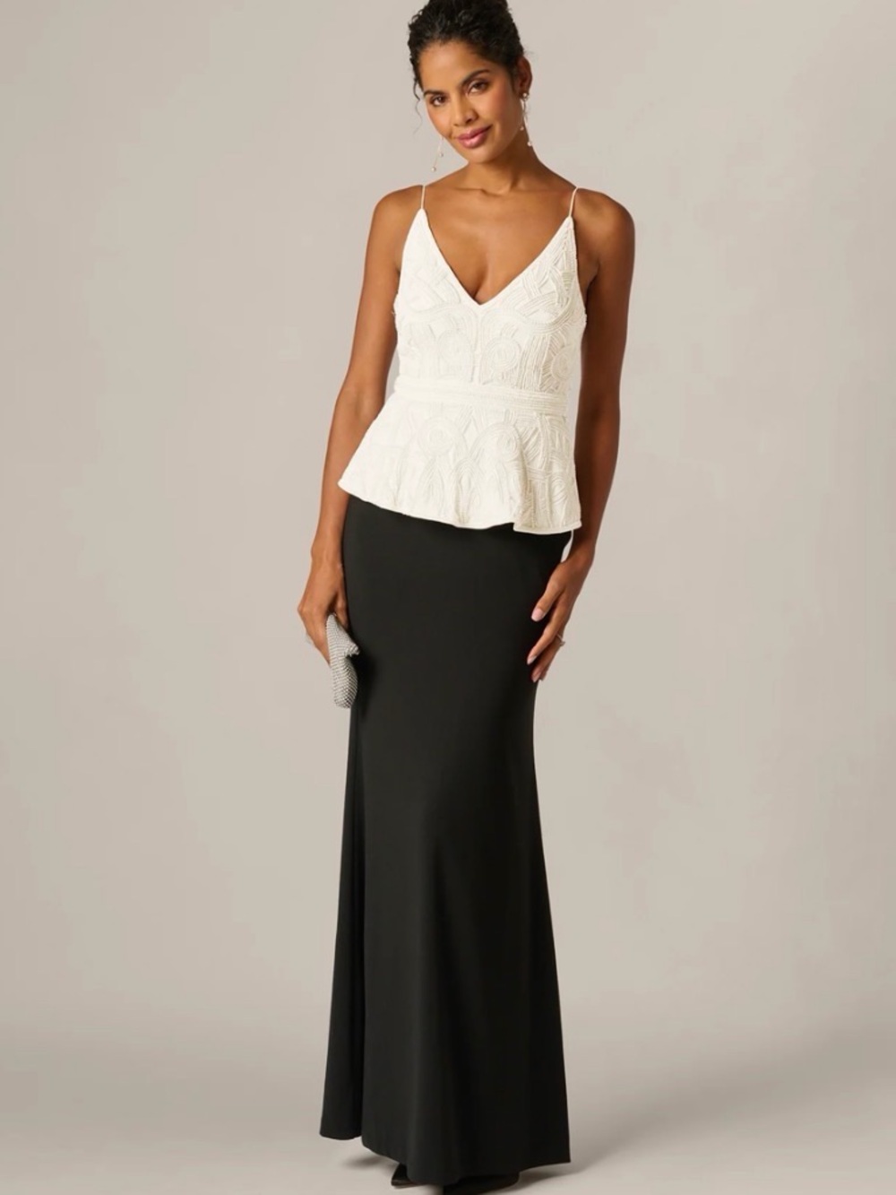 Adrianna Papell Pearly Beaded Peplum Combo Gown In Black Ivory